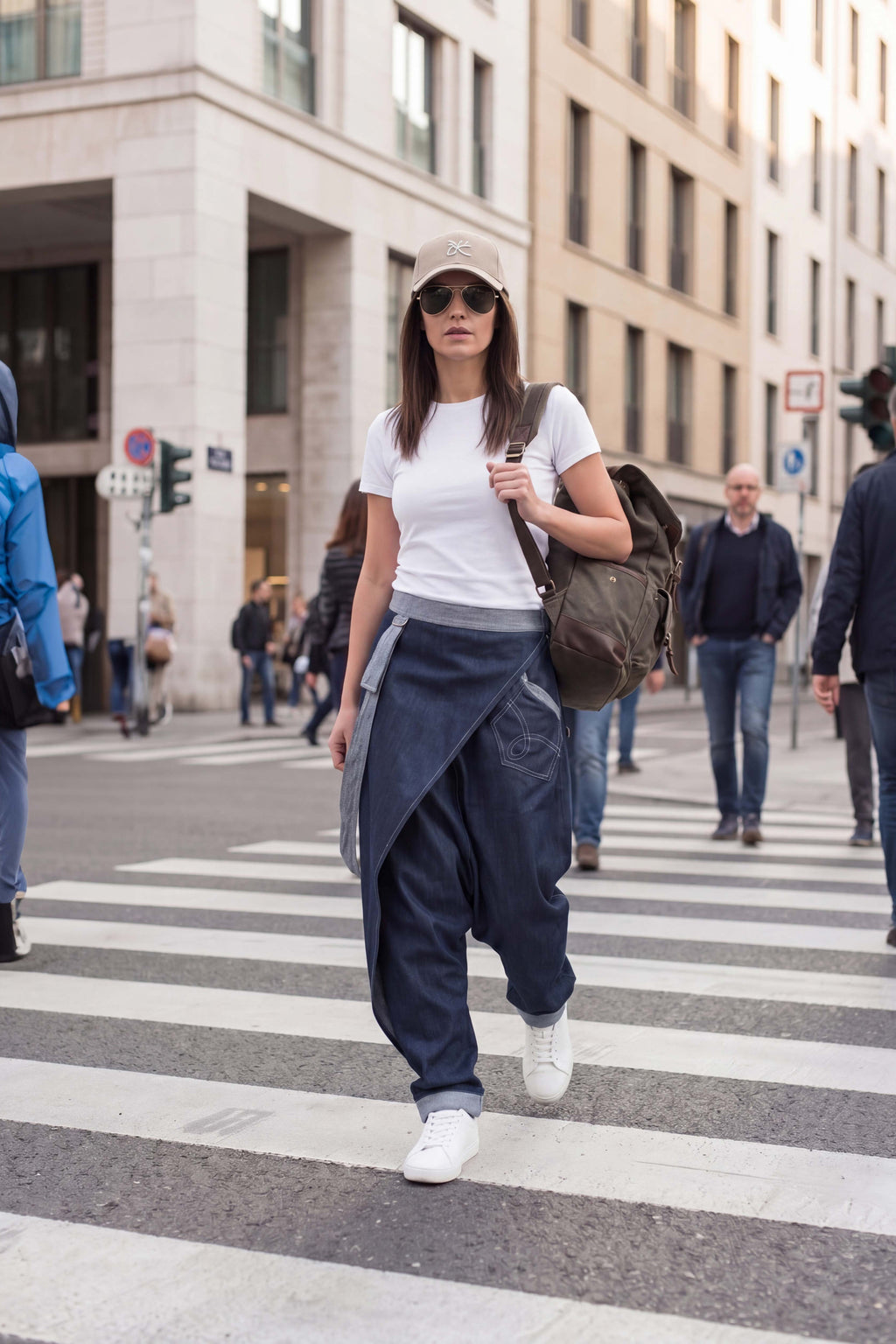 Dark blue jeans drop-crotch pants Lesila — side view, studio
