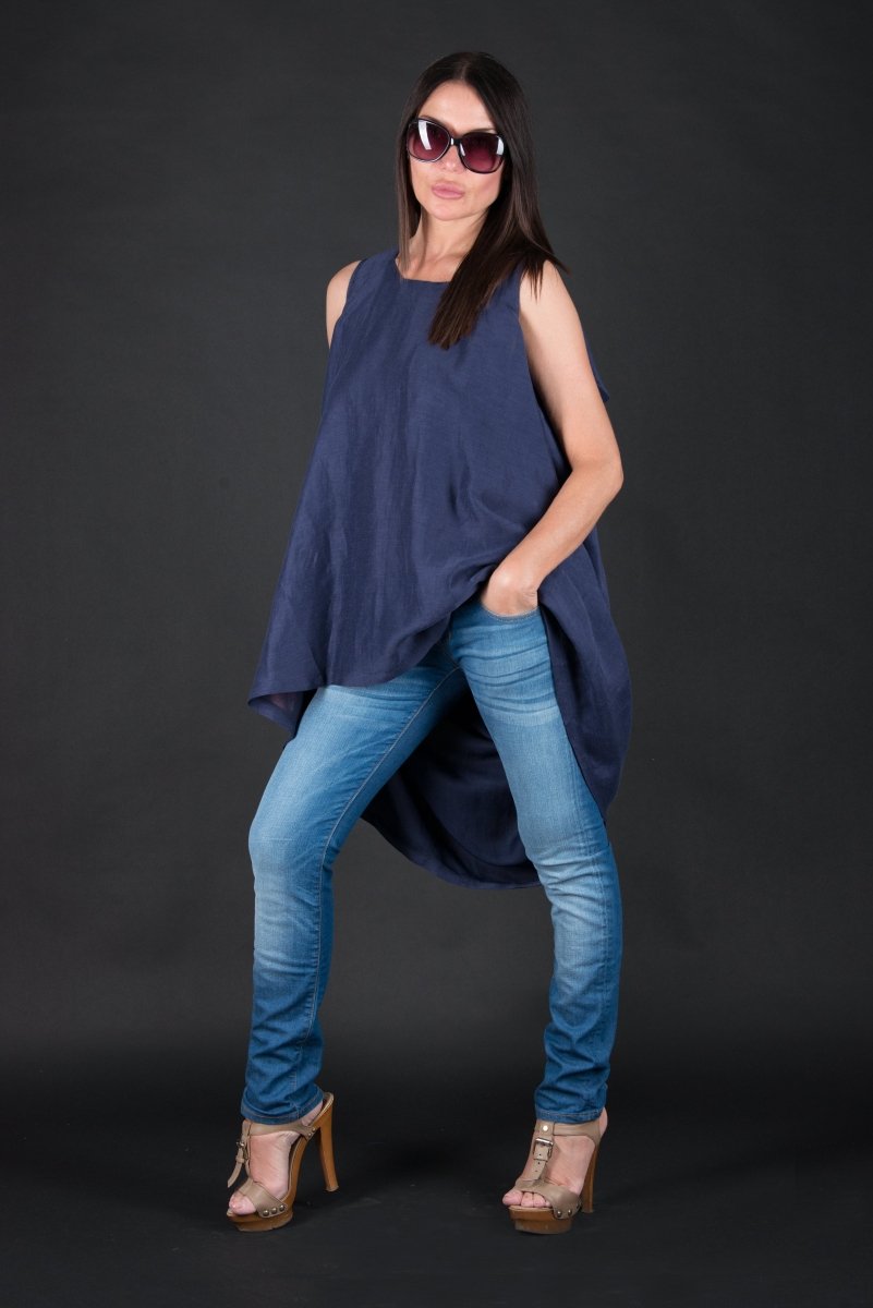 Dark blue Linen Asymmetric Tunic Judy - EUG Fashion EugFashion 