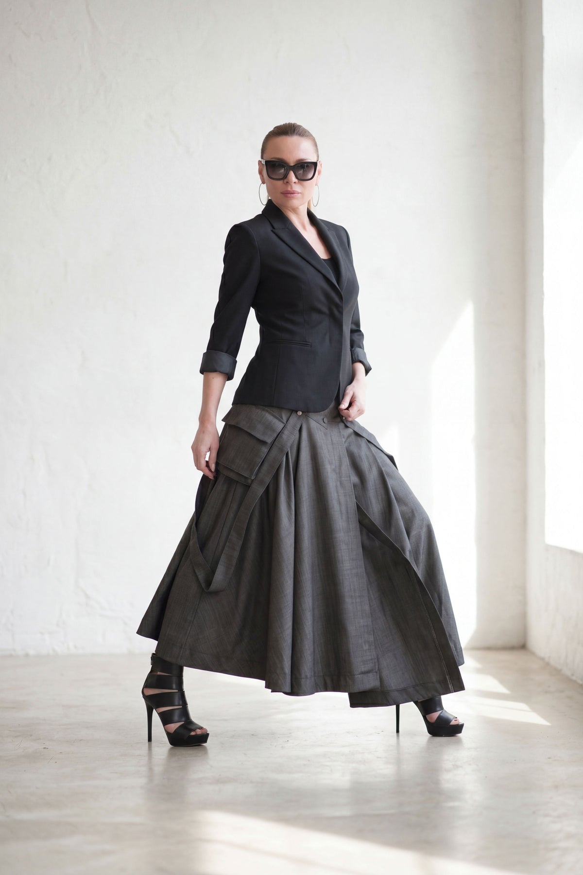 Dark gray asymmetric pleated wool skirt Zefira with suspenders and cargo pockets - EUG Fashion #dark-gray
