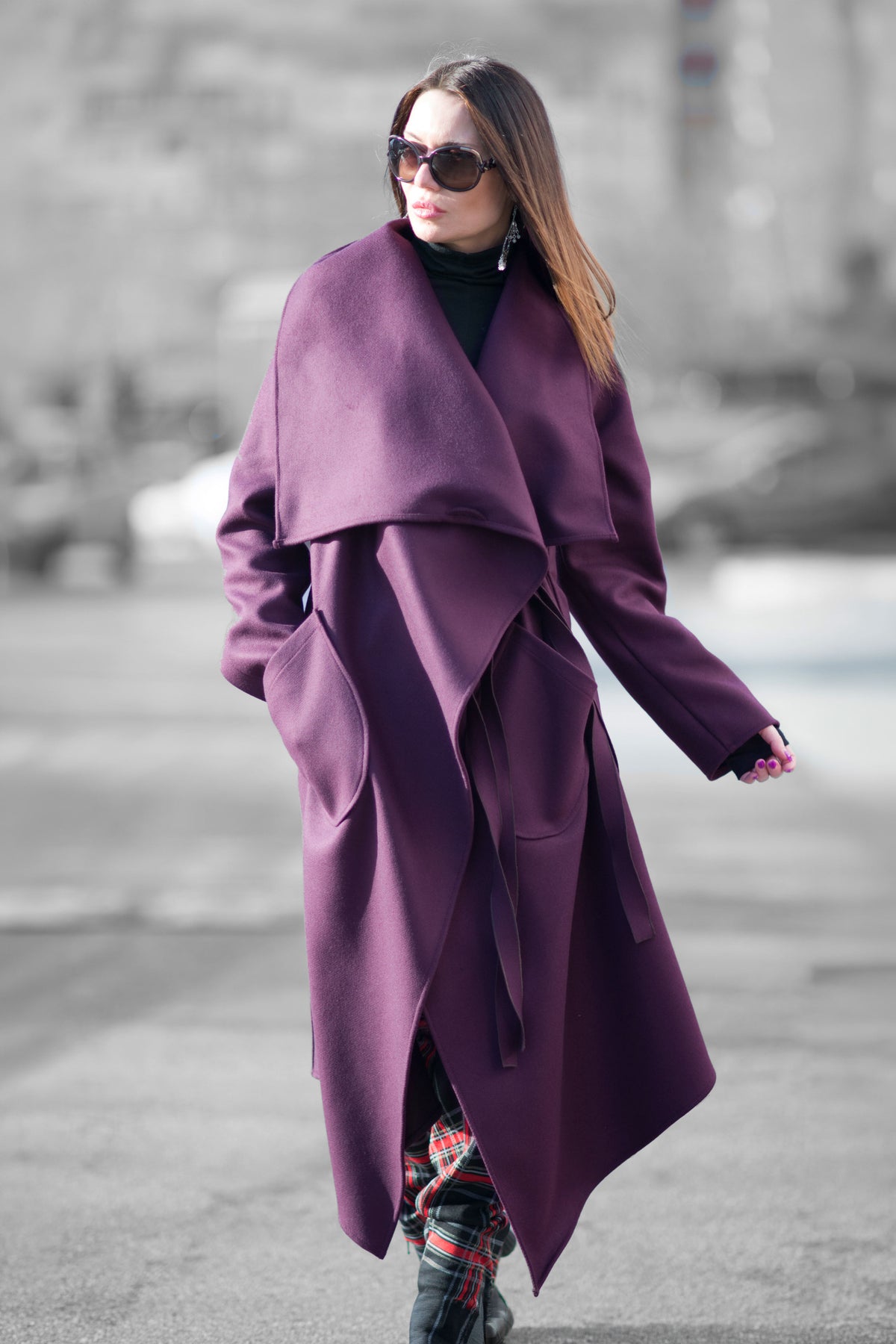 Dark purple asymmetric wrap coat Victoria with belt - EUG Fashion #dark-purple
