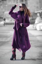 Dark purple asymmetric wrap coat Victoria with belt - EUG Fashion #dark-purple
