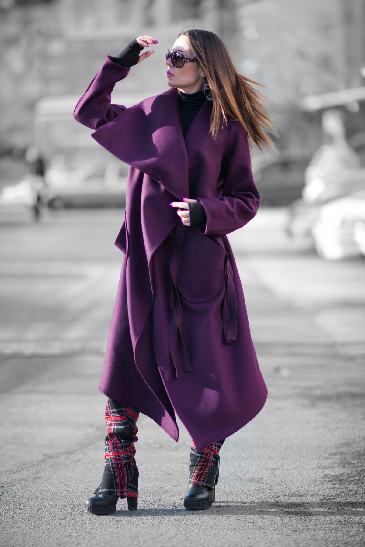 Dark purple asymmetric wrap coat Victoria with belt - EUG Fashion #dark-purple
