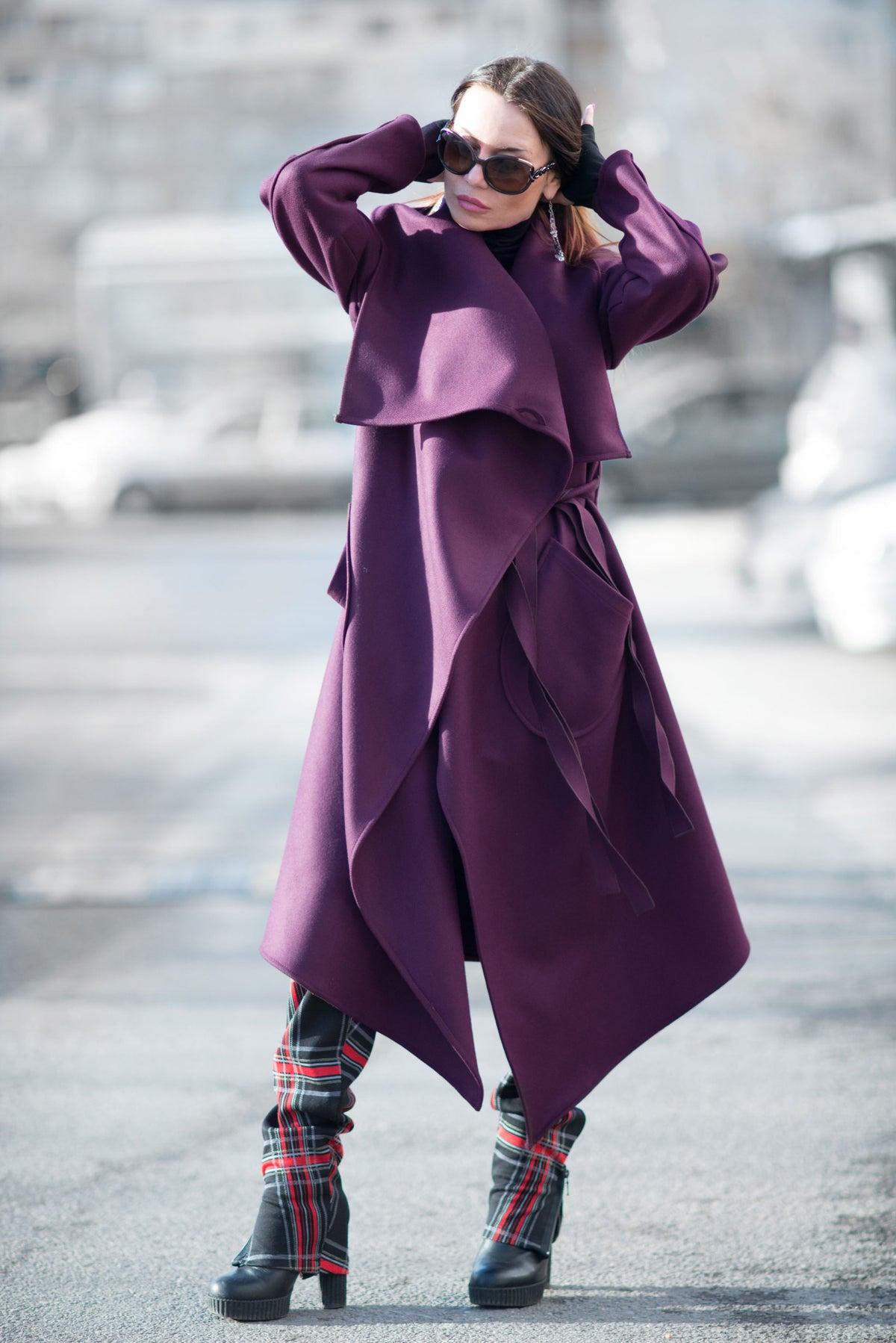 Dark purple asymmetric wrap coat Victoria with belt - EUG Fashion #dark-purple