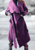Dark purple asymmetric wrap coat Victoria with belt - EUG Fashion #dark-purple