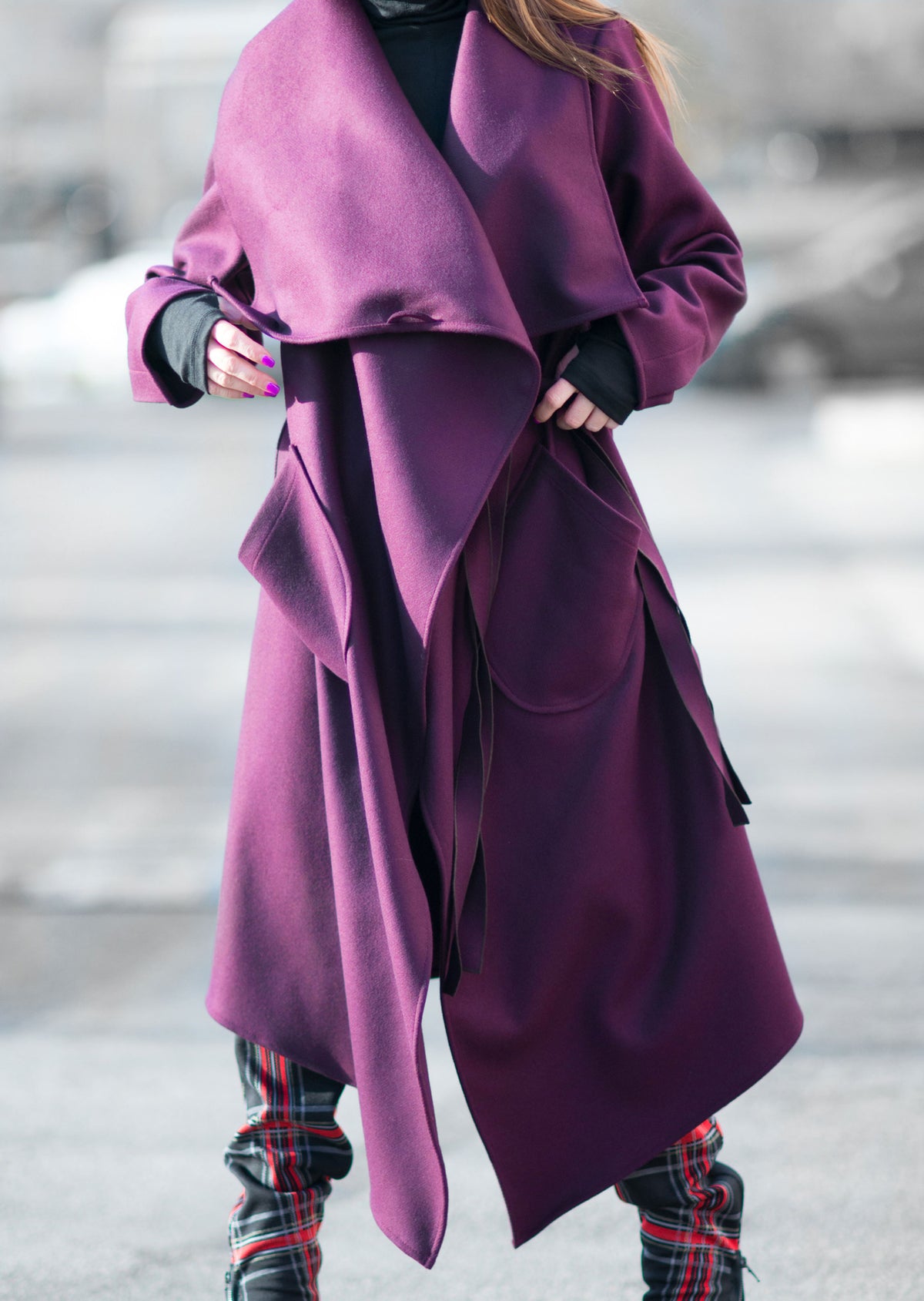 Dark purple asymmetric wrap coat Victoria with belt - EUG Fashion #dark-purple