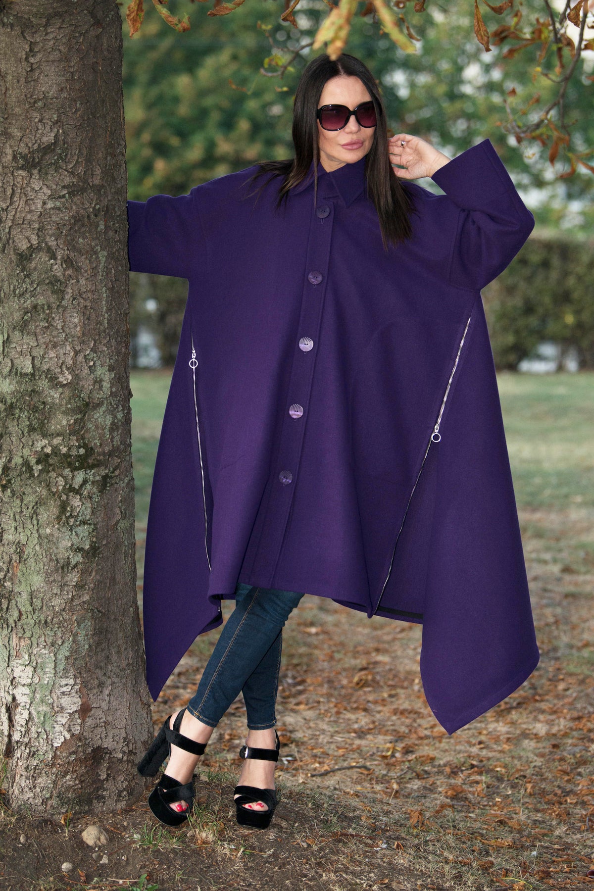 Dark purple cashmere-feel cape coat with decorative side zippers and classic collar - asymmetric unlined design, Federica | EUG Fashion #dark-purple

