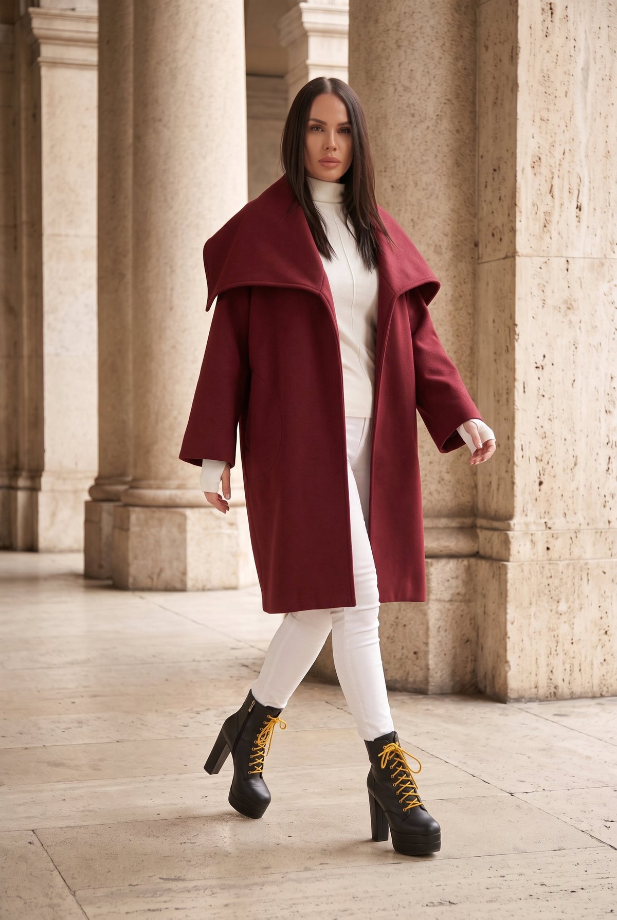 Dark red wide cape coat Helen with shawl collar open front - EUG Fashion #dark-red

