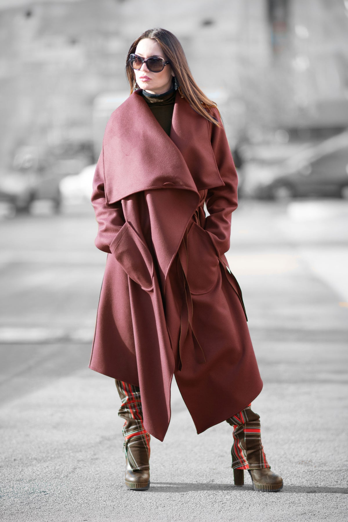 Dark red asymmetric wool wrap coat Victoria with belt - EUG Fashion #dark-red
