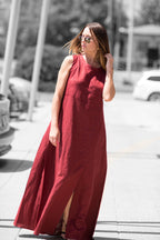 long-linen-dark-red-dress EUG fashion #dark-red