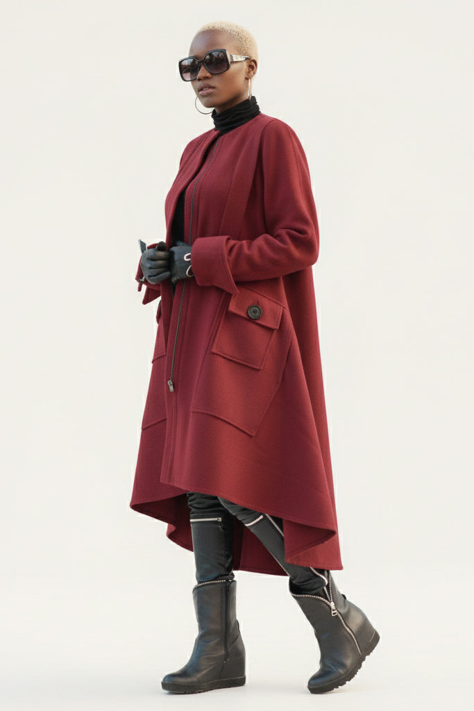 Dark red asymmetric A-line coat Valery with hidden zip and button pockets - EUG Fashion #dark-red
