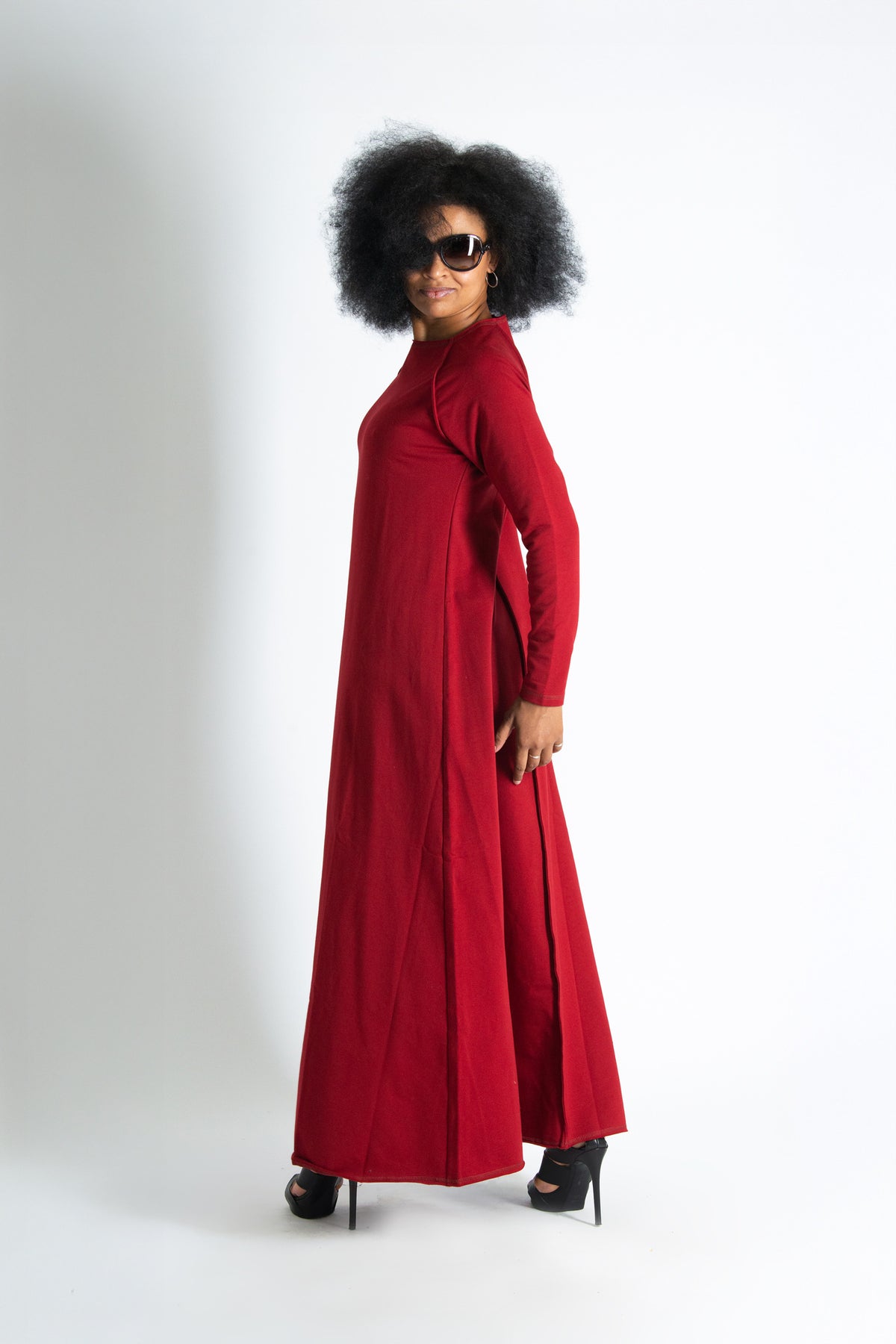 Dark red cotton terry long dress Barbara with ribbed decorative edges - EUG Fashion #dark-red
