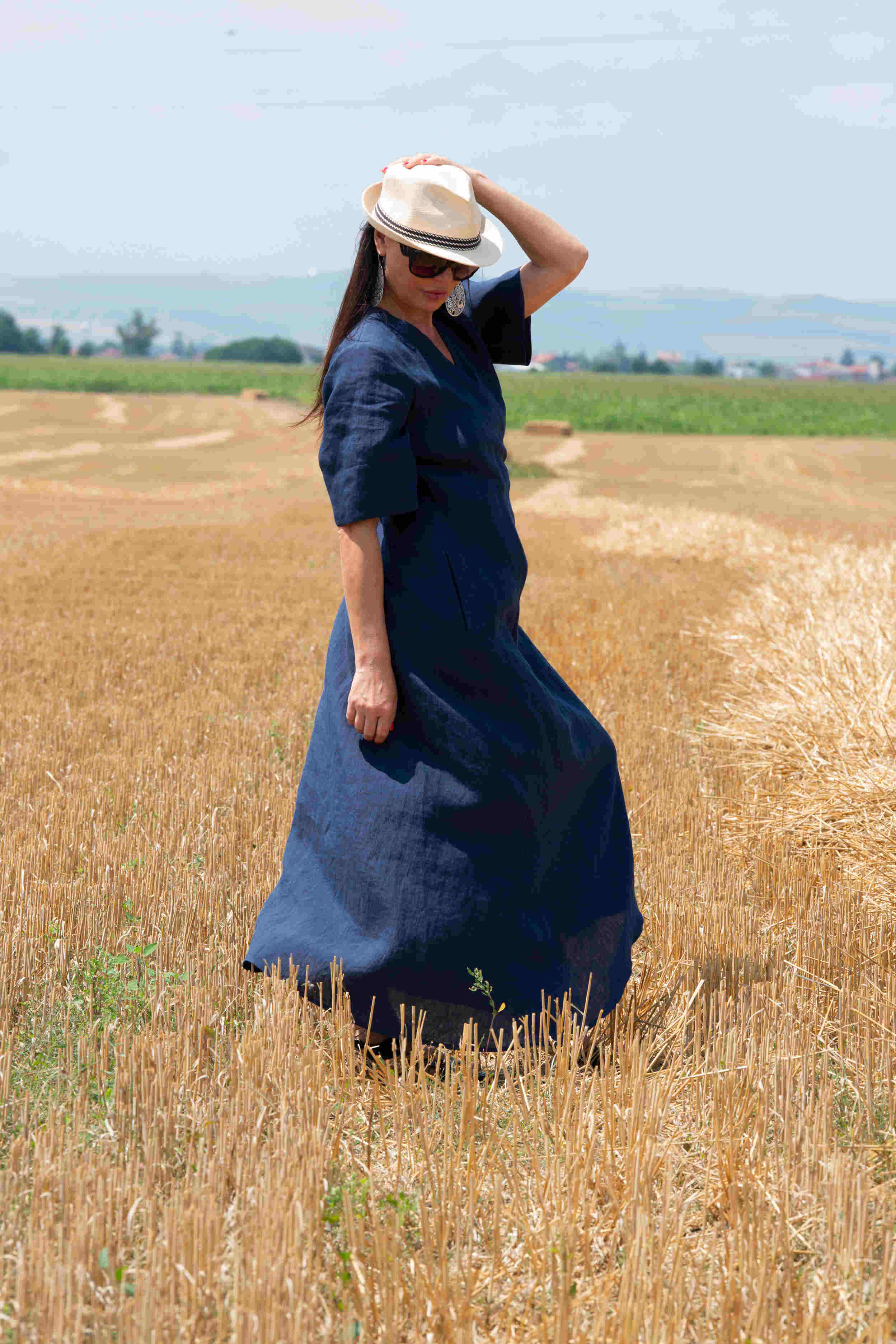 linen wrap summer dress - Eug fashion #dark-blue