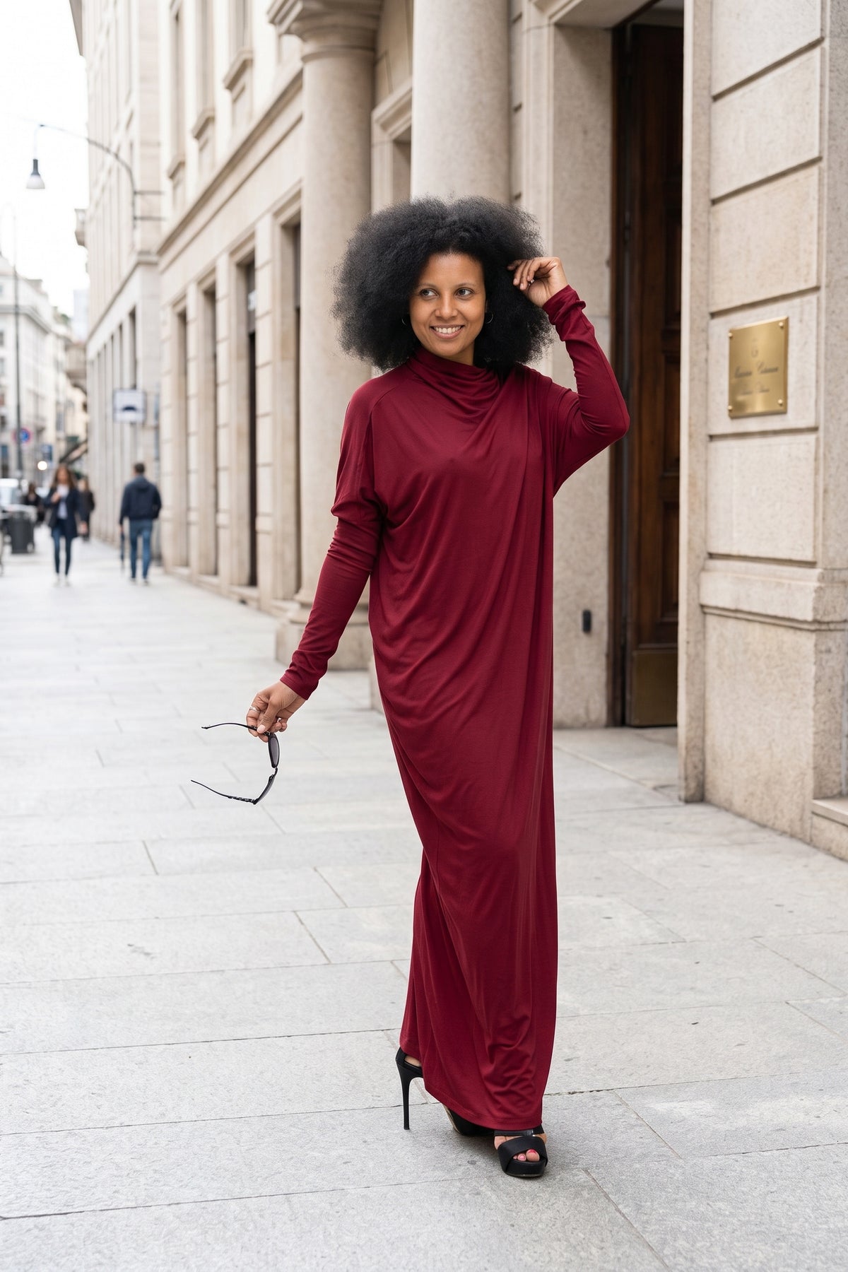 Dark red asymmetric polo neck dress Valensia in viscose jersey - EUG Fashion #dark-red
