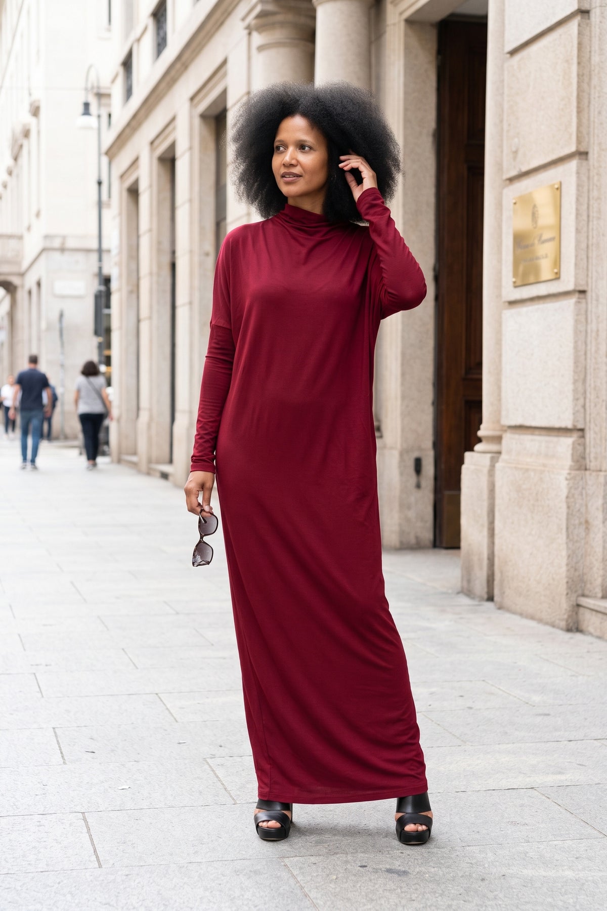 Dark red asymmetric polo neck dress Valensia in viscose jersey - EUG Fashion #dark-red
