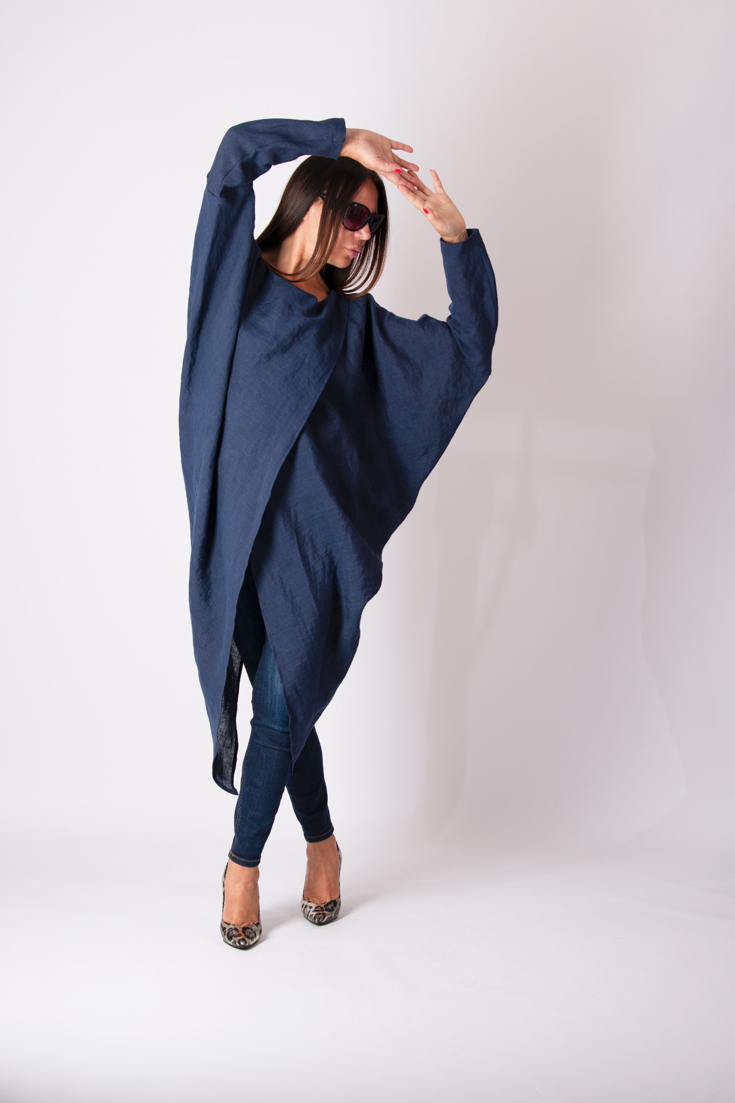 linen long sleeves top #dark-blue