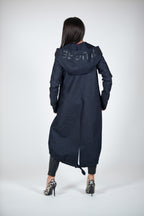 Navy denim hooded asymmetric jacket Sydney with zip and drawstring hem - EUG Fashion #navy
