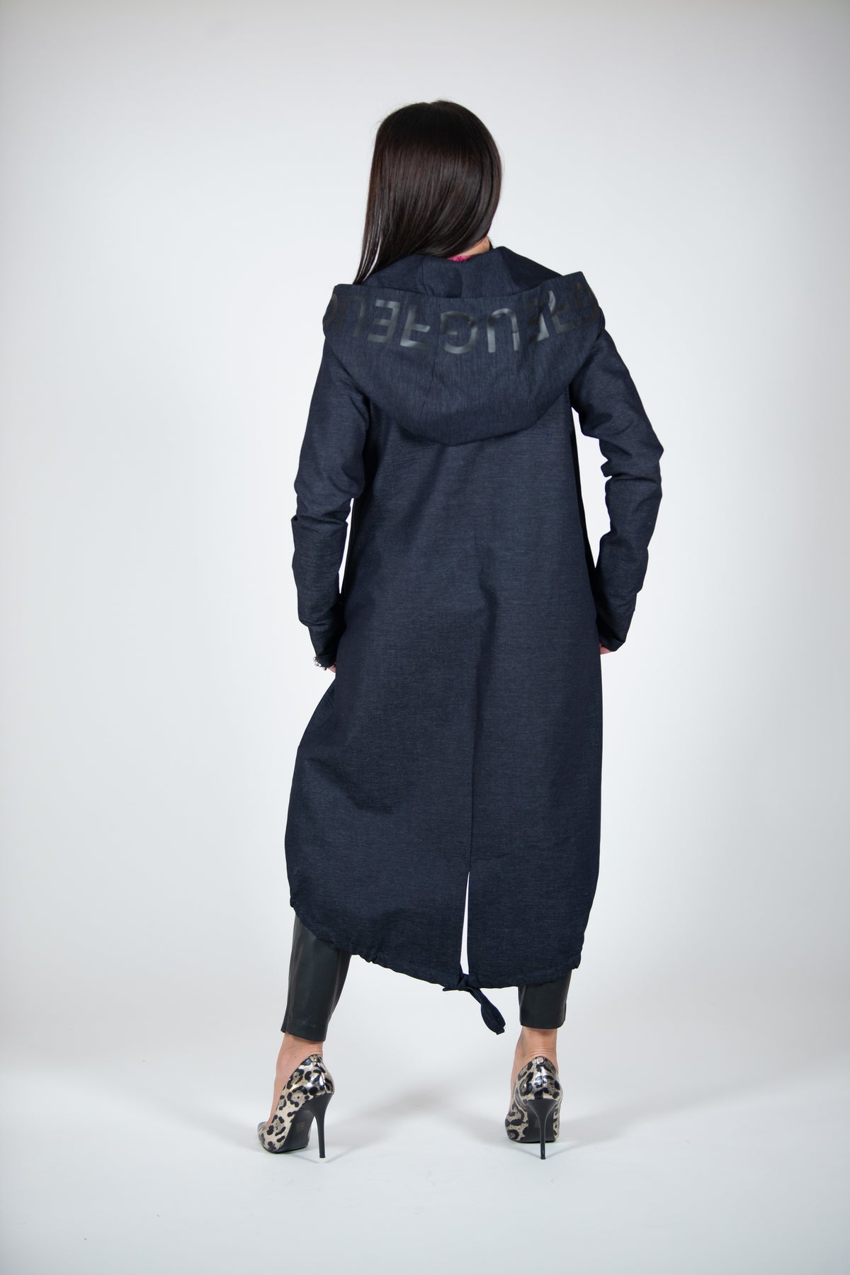 Navy denim hooded asymmetric jacket Sydney with zip and drawstring hem - EUG Fashion #navy
