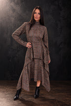 Brown plaid ruffle dress - asymmetric layers, close neckline, cotton-viscose winter fabric, Doa | EUG Fashion #brown