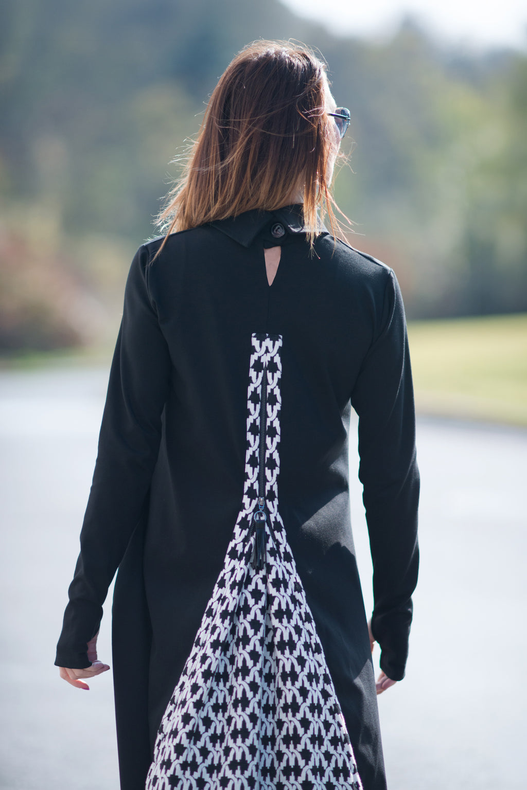 Black punto milano turtleneck A-line dress Rosa with houndstooth back panel - EUG Fashion #black

