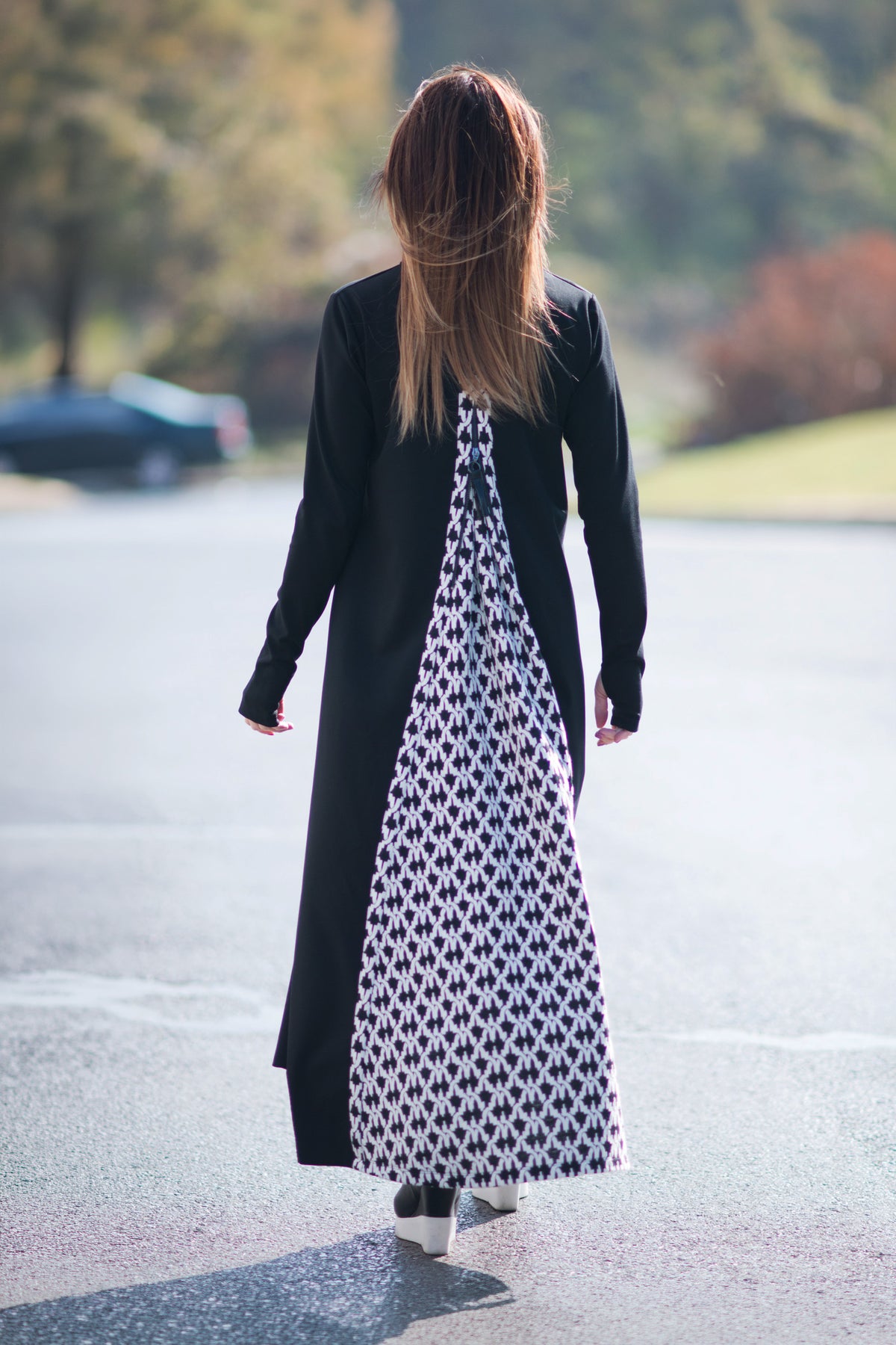 Black punto milano turtleneck A-line dress Rosa with houndstooth back panel - EUG Fashion #black
