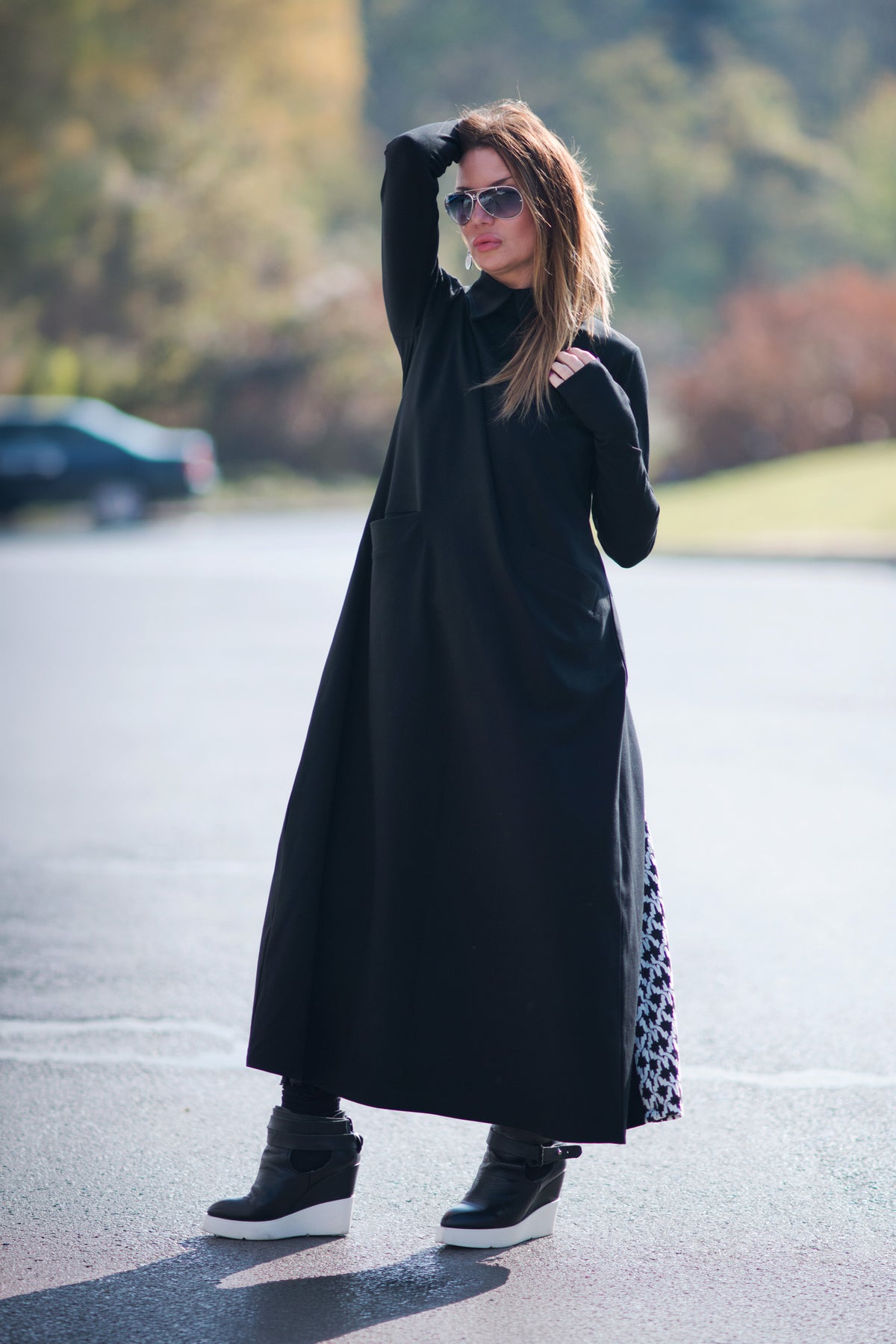 Black punto milano turtleneck A-line dress Rosa with houndstooth back panel - EUG Fashion #black
