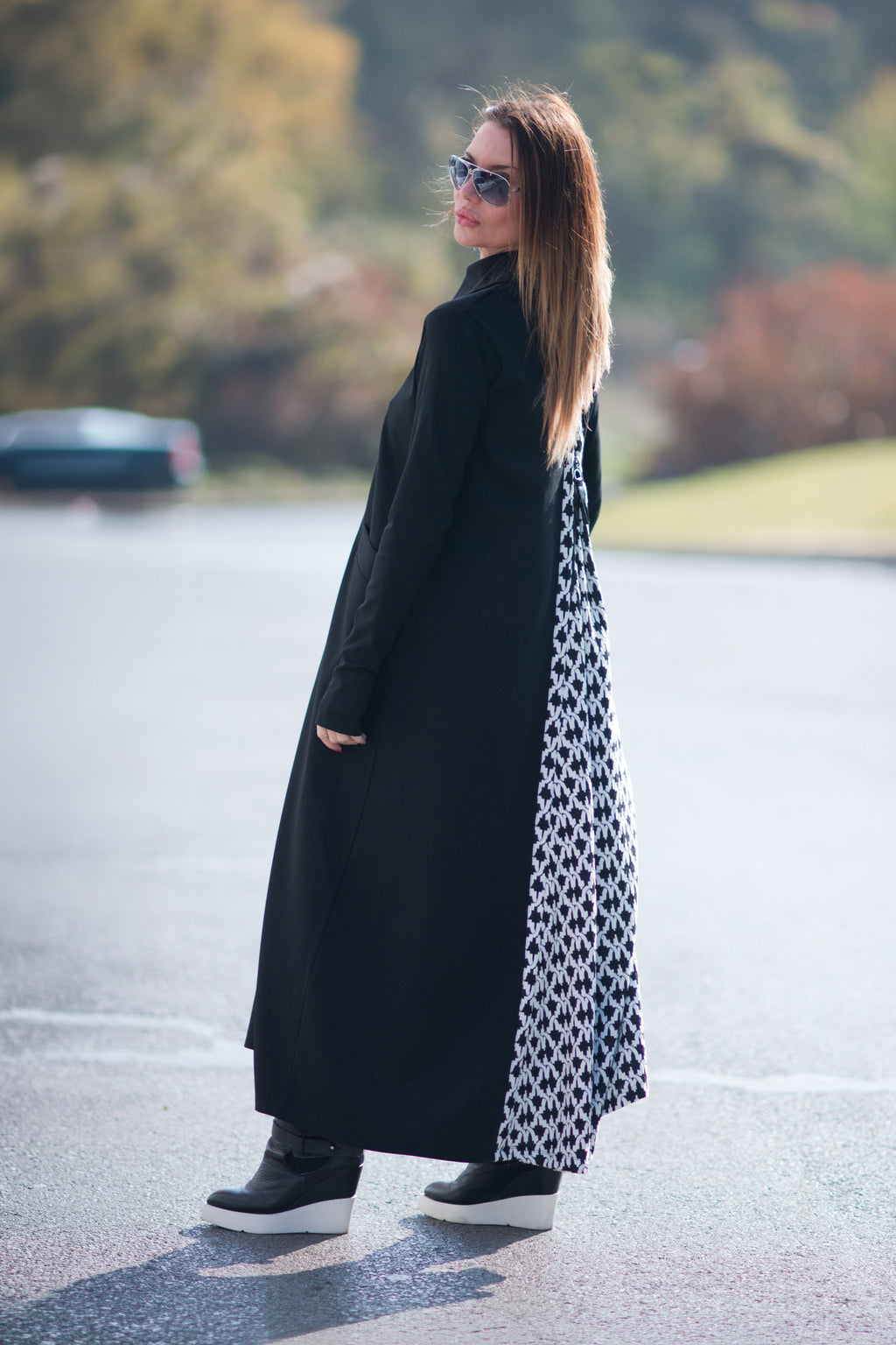 Black punto milano turtleneck A-line dress Rosa with houndstooth back panel - EUG Fashion #black
