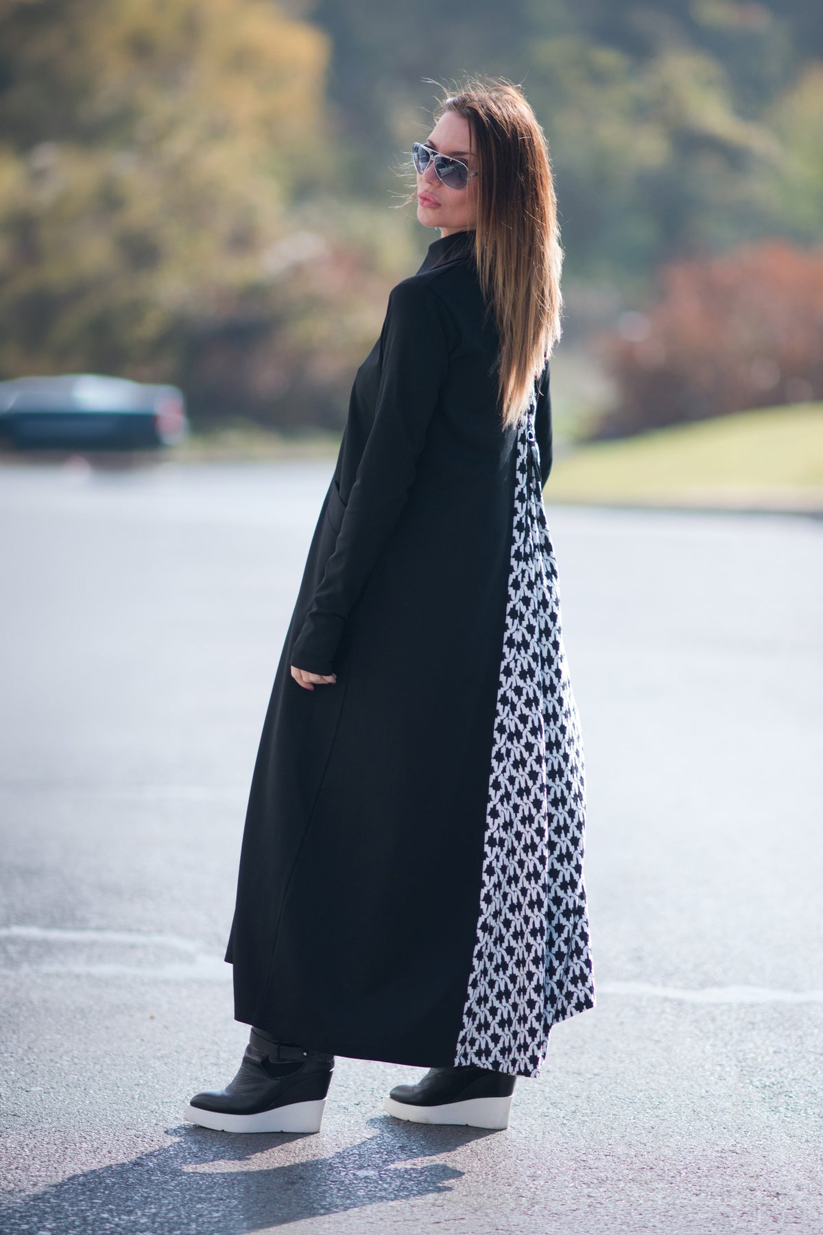 Black punto milano turtleneck A-line dress Rosa with houndstooth back panel - EUG Fashion #black
