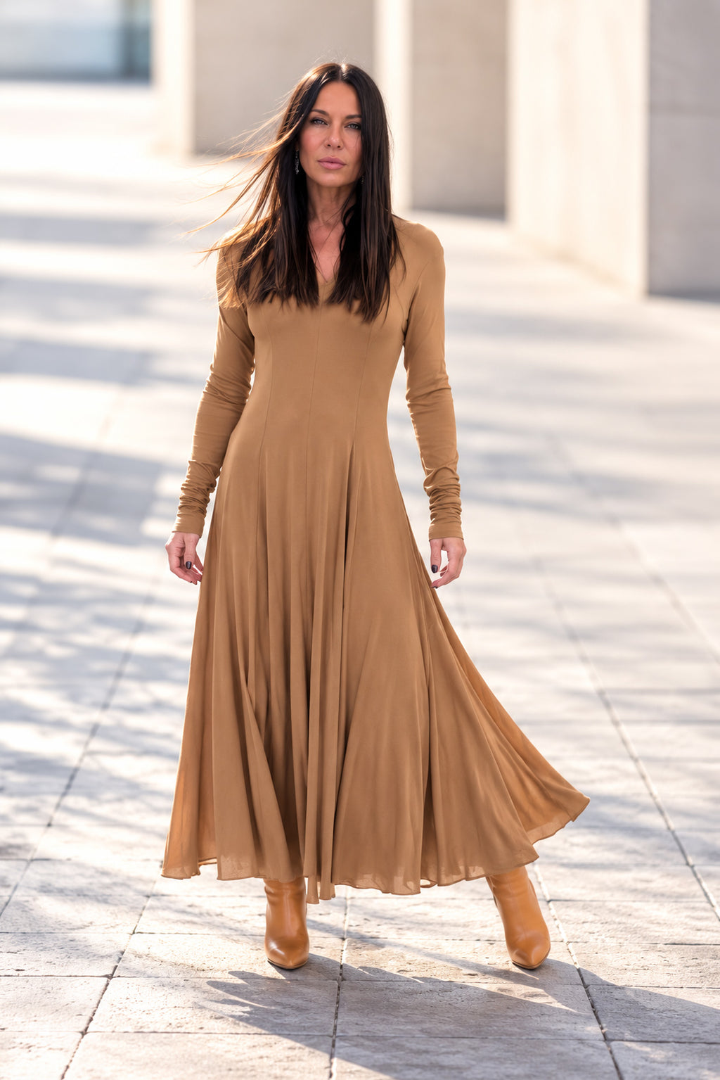 Beige viscose A-line long dress - V-neckline, narrow sleeves and wide flared skirt, Danetta | EUG Fashion #beige