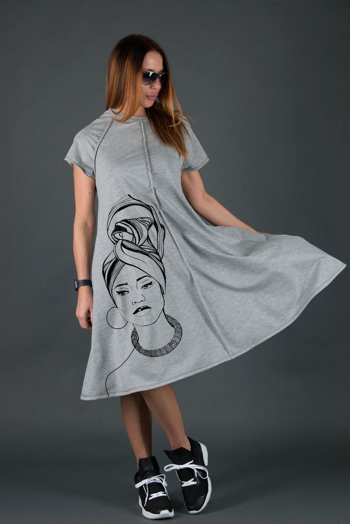 a line grey dress ith african woman print #grey