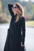 Black punto milano turtleneck A-line dress Rosa with houndstooth back panel - EUG Fashion #black
