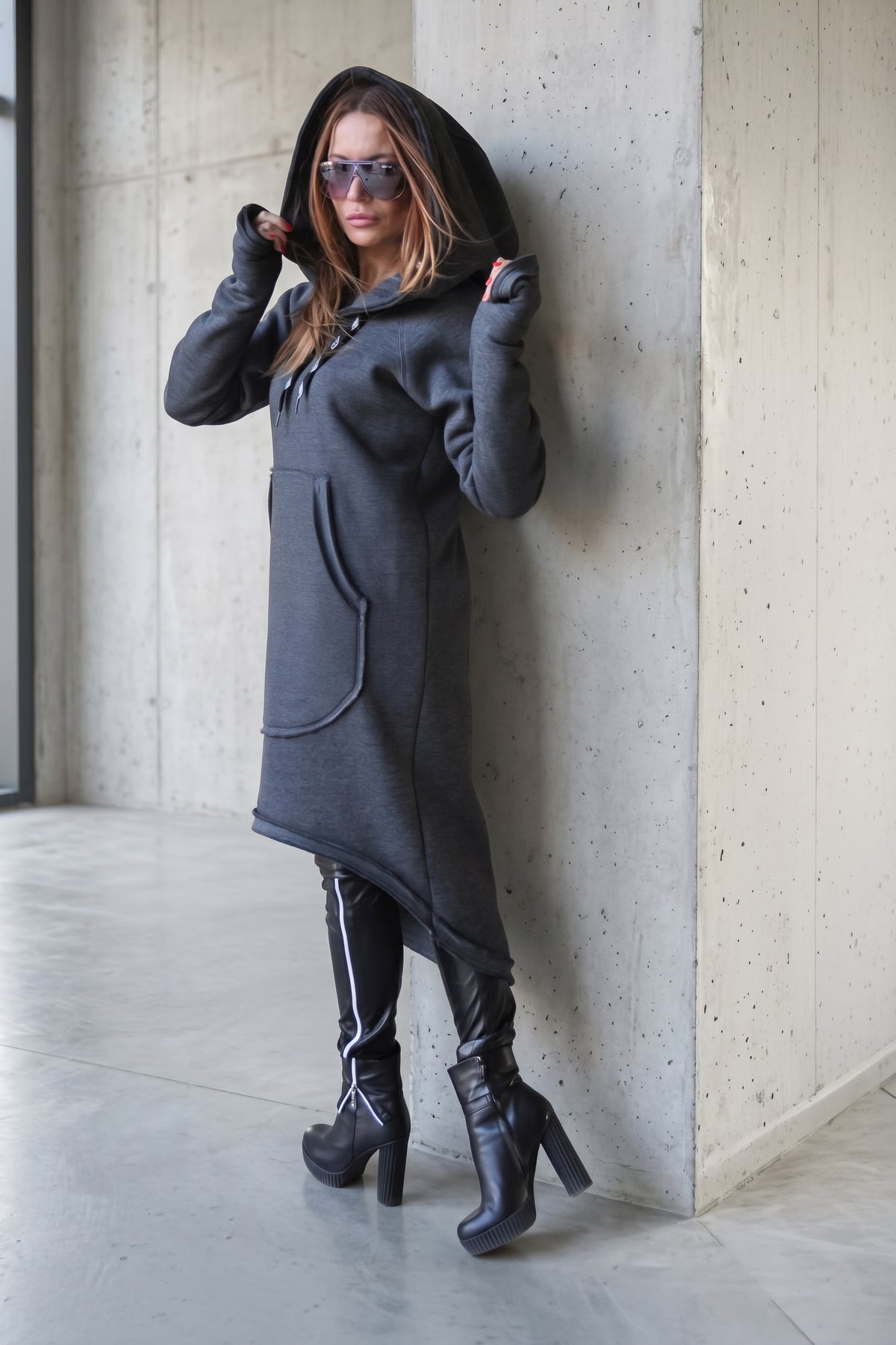 Dark grey 100% cotton hooded dress with large hood and kangaroo pocket - soft and warm for winter, Melinda | EUG Fashion #dark-grey
