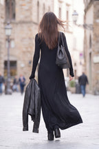Black cotton-viscose turtleneck maxi dress Veronica with thumb holes - EUG Fashion #black