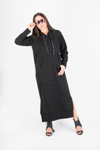 Black cotton fleece hooded dress - loose long silhouette, kangaroo pocket and two side slits, Suzana | EUG Fashion #black