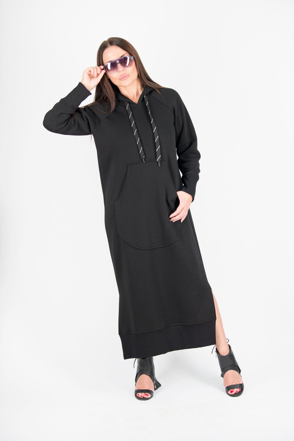 Black cotton fleece hooded dress - loose long silhouette, kangaroo pocket and two side slits, Suzana | EUG Fashion #black