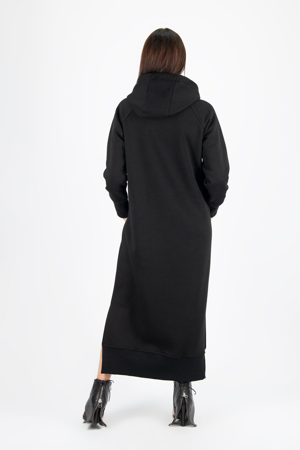 Black cotton fleece hooded dress - loose long silhouette, kangaroo pocket and two side slits, Suzana | EUG Fashion #black