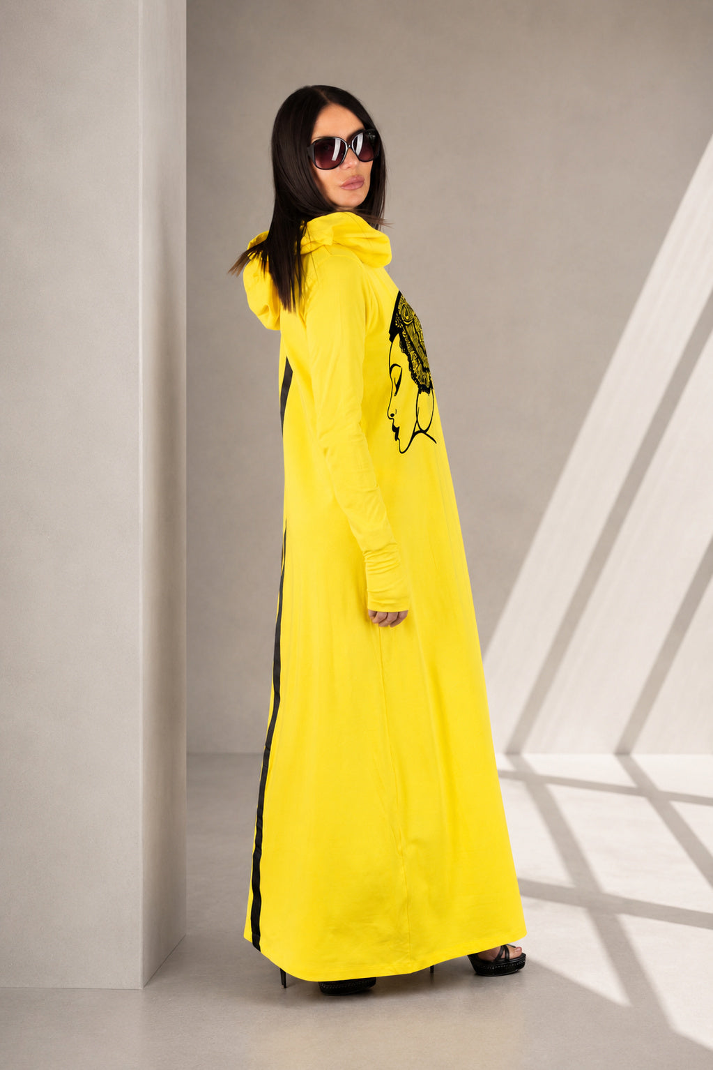 Yellow hooded maxi dress Ramy with African print - EUG Fashion

