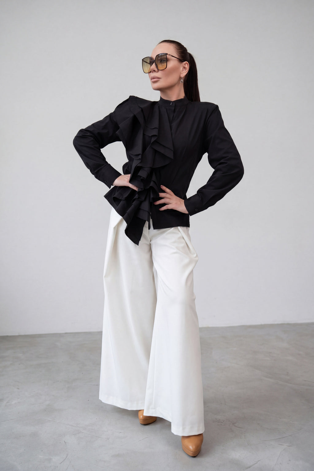 Black ruffle trim cotton shirt with high button-up closure and long cuffed sleeves, Ivana | EUG Fashion #black