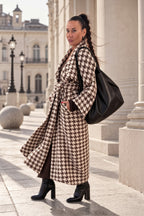 Brown houndstooth wool coat with shawl collar and waist belt - long silhouette, no lining, Ofelia | EUG Fashion #brown

