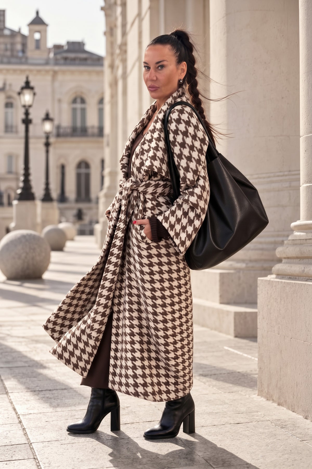 Brown houndstooth wool coat with shawl collar and waist belt - long silhouette, no lining, Ofelia | EUG Fashion #brown

