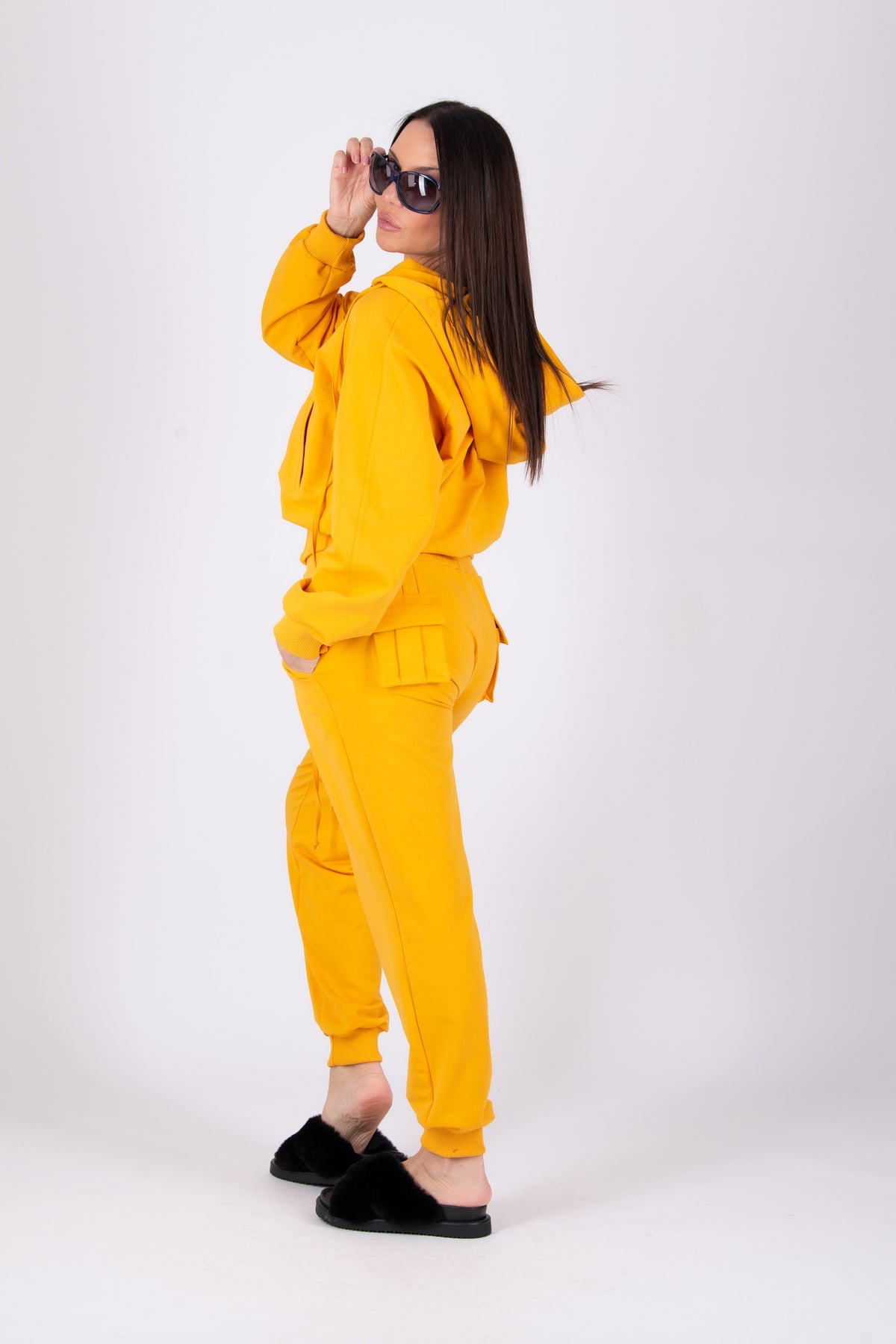 Mustard tracksuit - cotton with a little elastane, hooded zip-up top and harem pants with side and back pockets, Georgia | EUG Fashion #mustard