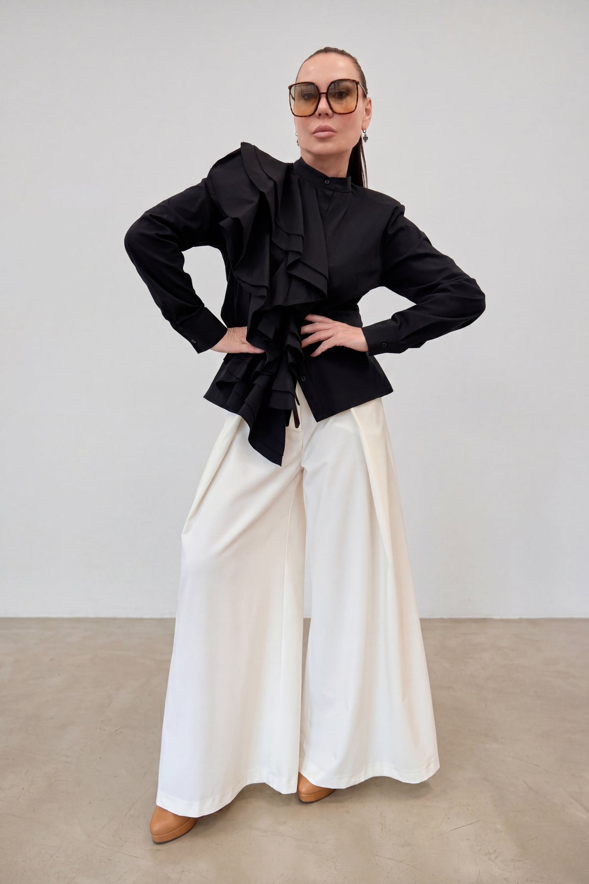Black ruffle trim cotton shirt with high button-up closure and long cuffed sleeves, Ivana | EUG Fashion #black