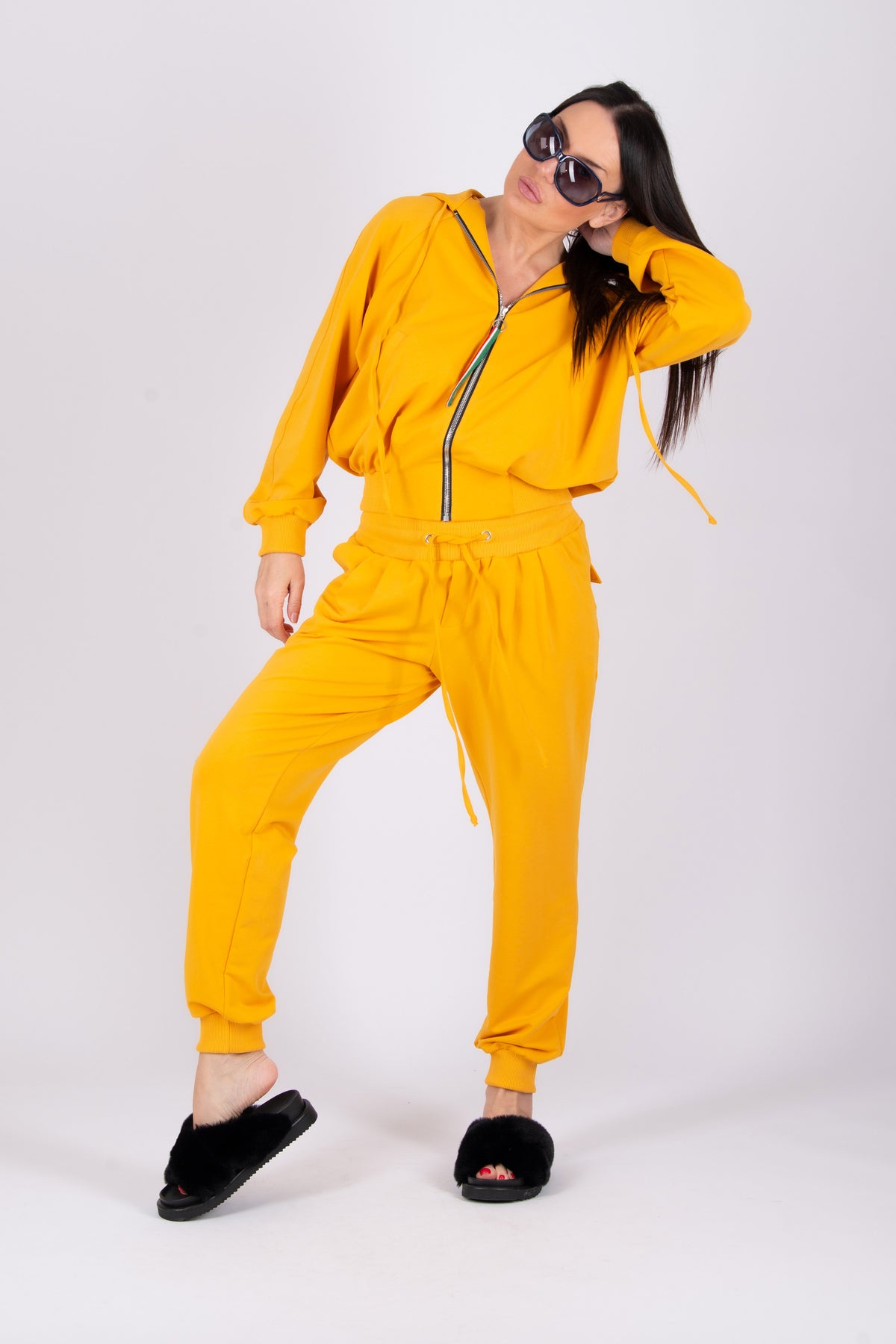 Mustard tracksuit - cotton with a little elastane, hooded zip-up top and harem pants with side and back pockets, Georgia | EUG Fashion #mustard