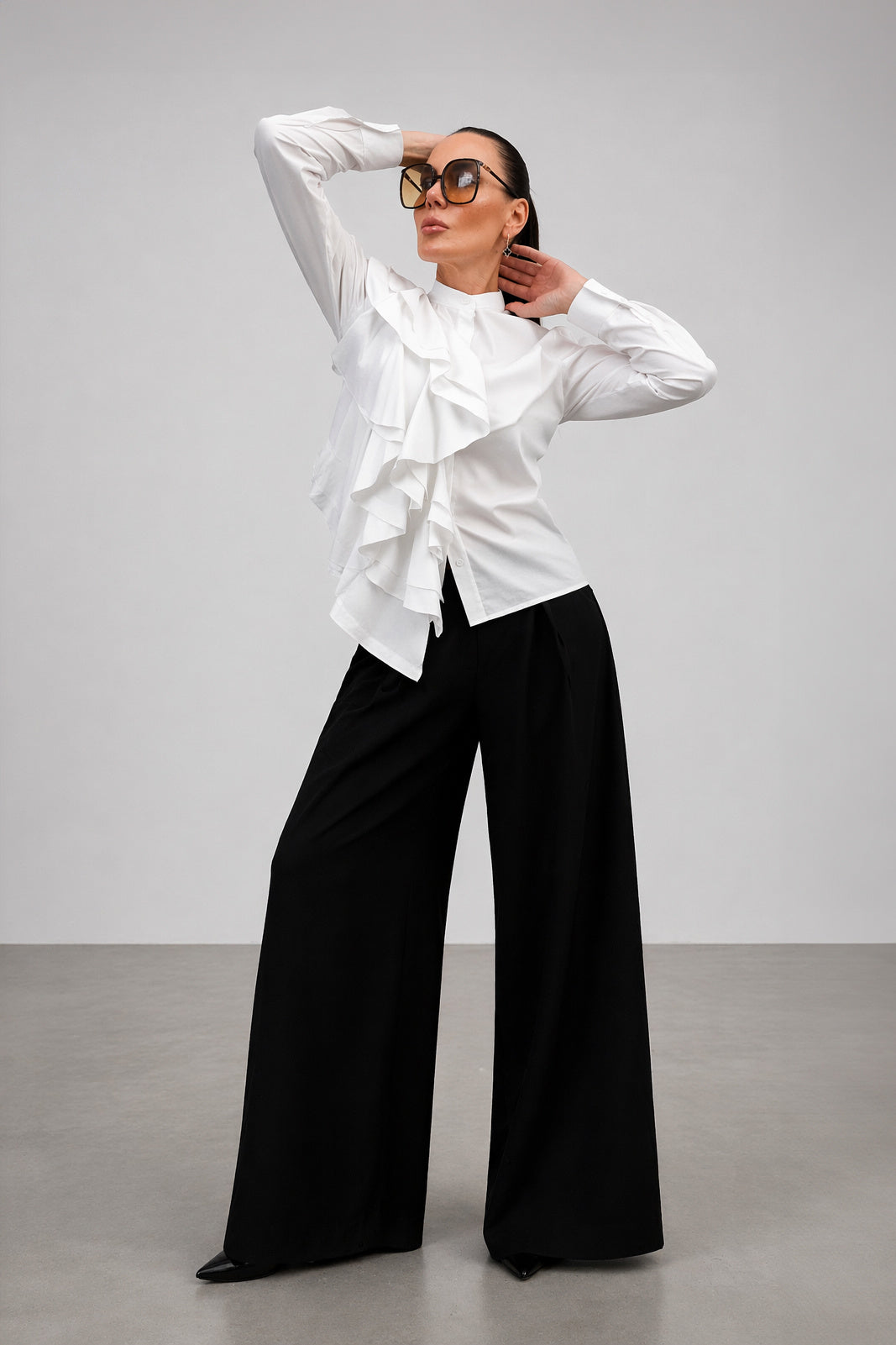 White ruffle trim cotton shirt with high button-up closure and long cuffed sleeves, Ivana | EUG Fashion #white