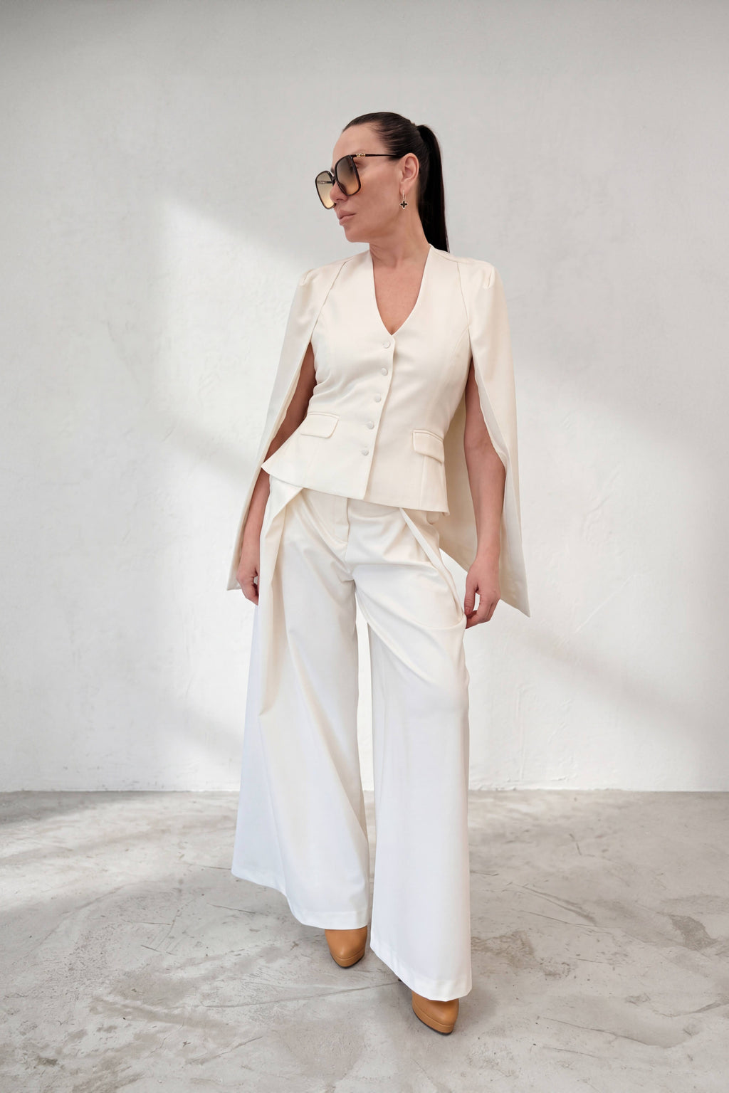 White cape blazer with fitted vest front, V-neckline and button closure - elegant cape panels from shoulders, Oslo | EUG Fashion #white
