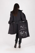 Black neoprene long asymmetric jacket Emma with print - EUG Fashion #black
