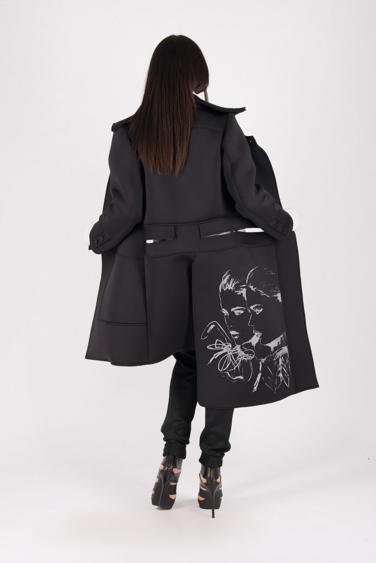Black neoprene long asymmetric jacket Emma with print - EUG Fashion #black
