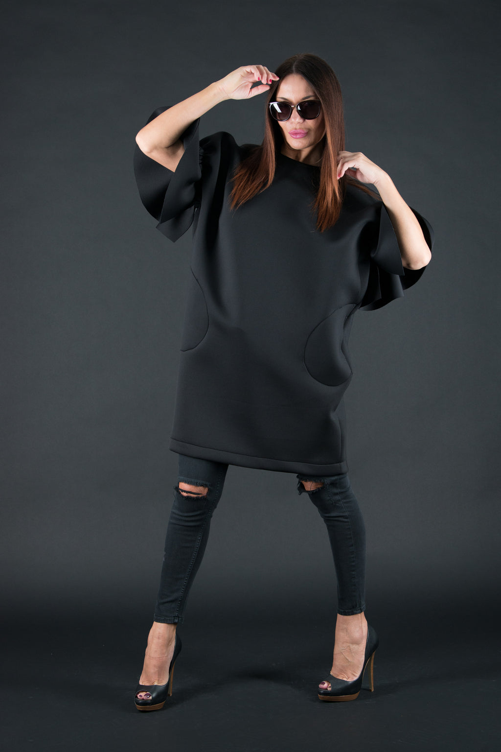 Black neoprene dress with ruffle sleeves Ester BF - EUG Fashion #black
