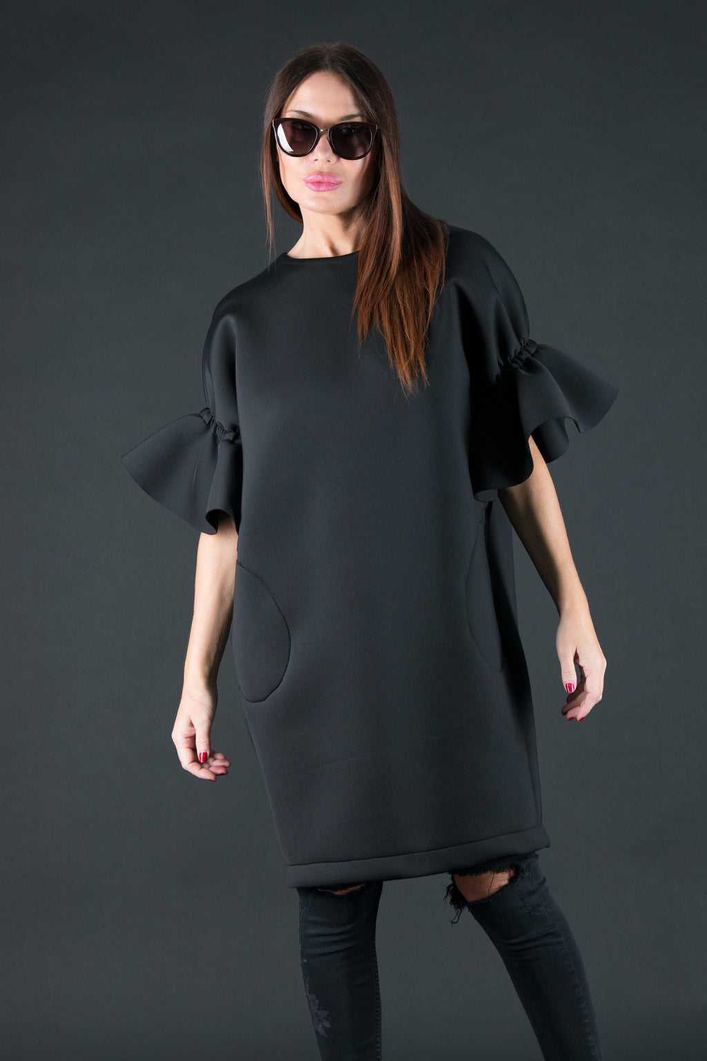 Black neoprene dress with ruffle sleeves Ester BF - EUG Fashion #black
