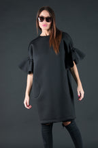 Black neoprene dress with ruffle sleeves Ester BF - EUG Fashion #black
