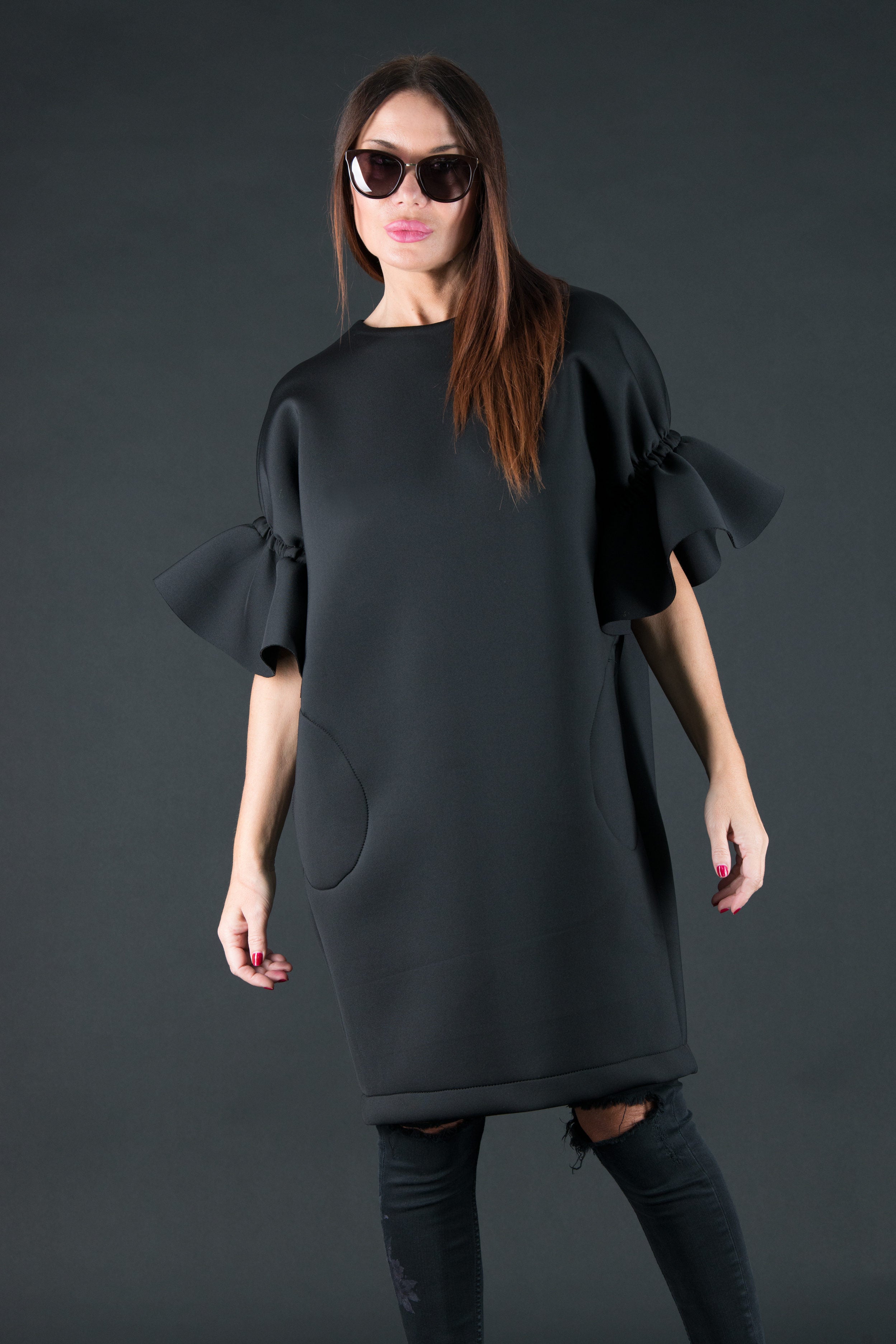 Black neoprene dress with ruffle sleeves Ester BF - EUG Fashion #black

